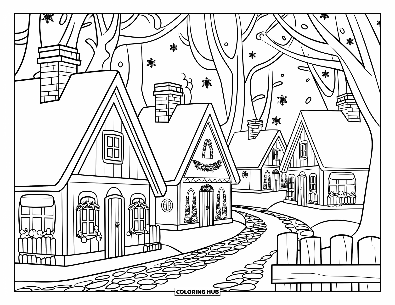 Winter Coloring Page for Adults: A cozy winter village with decorated homes, winding cobblestone streets, and a wooden fence in the foreground