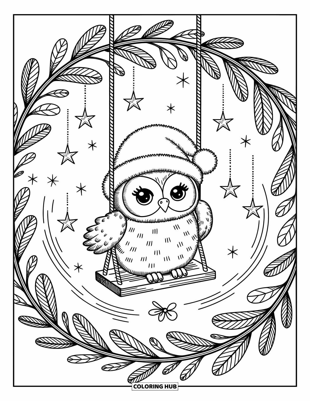 Winter Coloring Page for Adults: A cozy wreath with a chibi owl on a swing, surrounded by twinkling stars and swirling winter winds