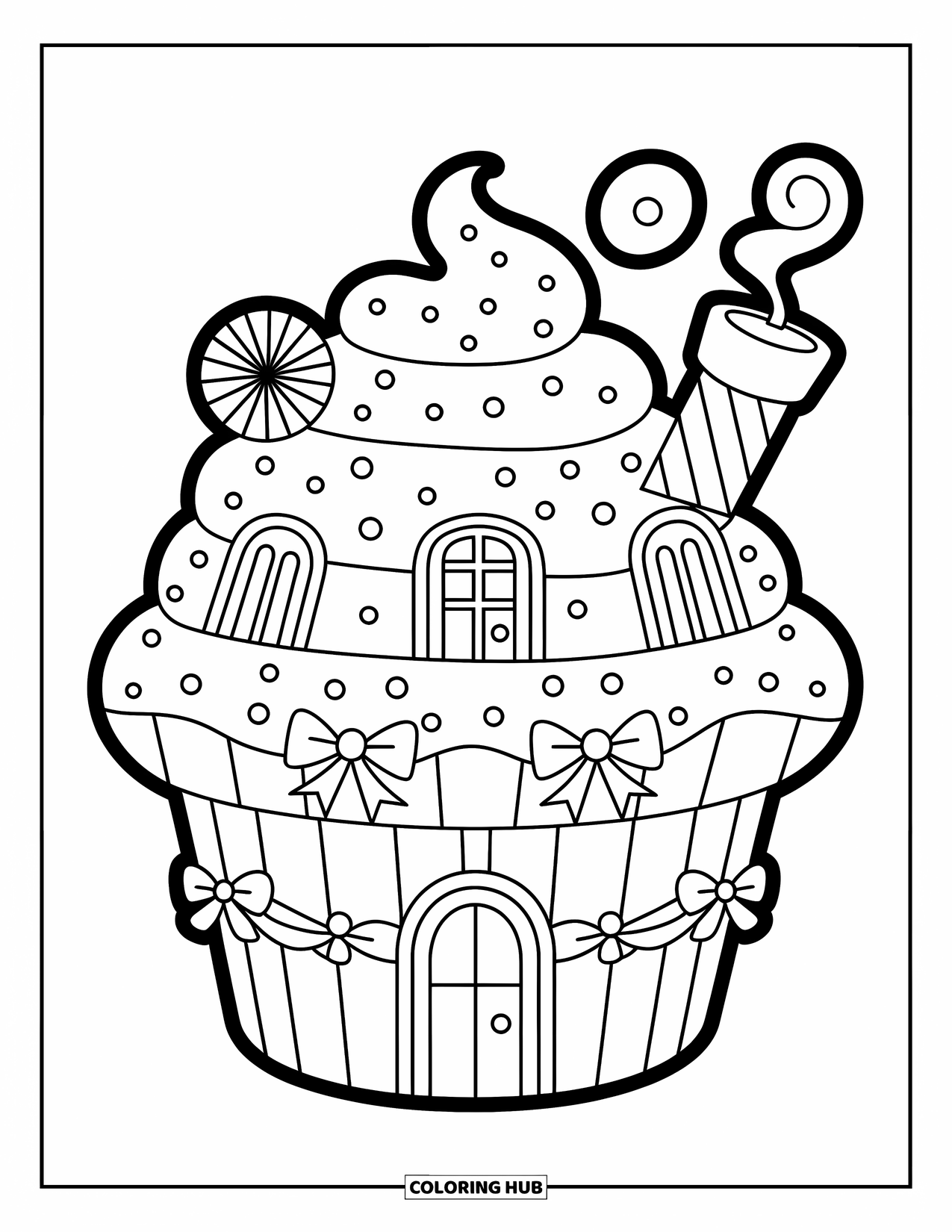 Winter Coloring Page for Adults: A cupcake-shaped winter cottage with a frosted rooftop, candy cane chimney, and festive garlands