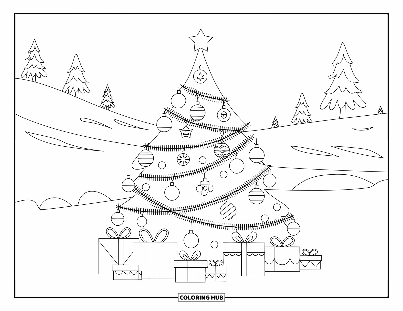 Winter Coloring Page for Adults: A decorated Christmas tree with twinkling ornaments, surrounded by presents in a snowy winter landscape