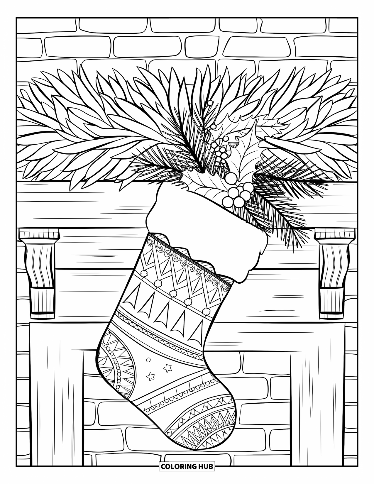 Winter Coloring Page for Adults: A detailed Christmas stocking filled with festive decorations, hanging from a mantle with a wreath above