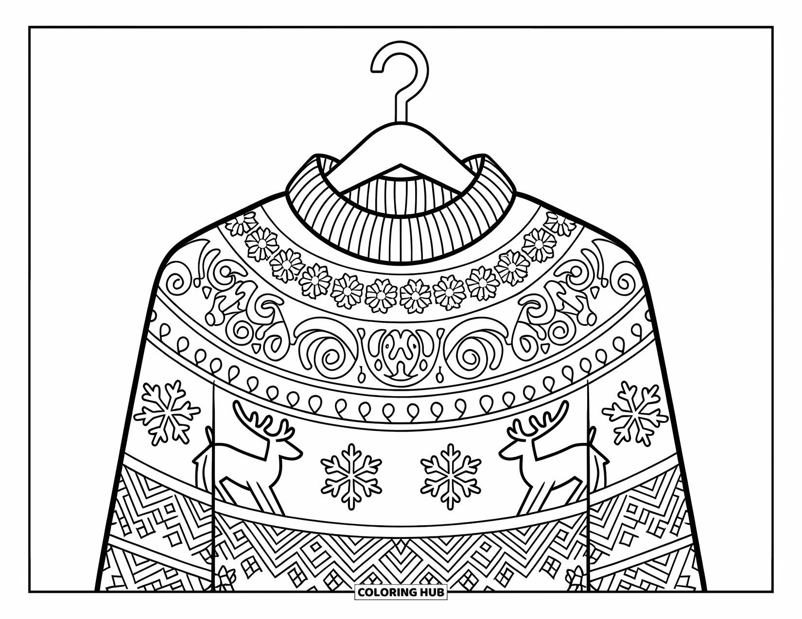 Winter Coloring Page for Adults: A detailed knitted sweater with snowflakes, reindeer, and swirling patterns draped over a wooden hanger