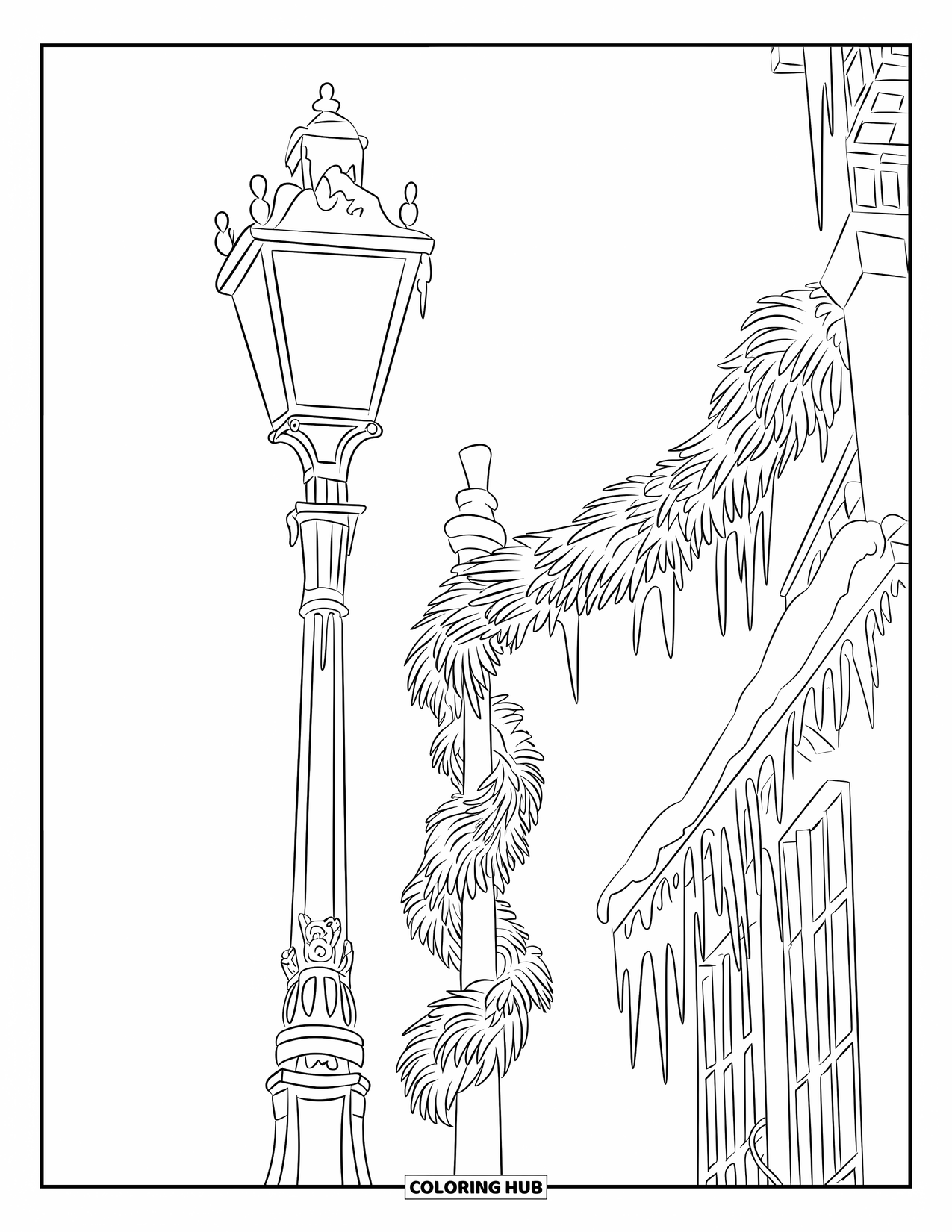 Winter Coloring Page for Adults: A detailed Victorian lamppost with winter garlands and icicles, standing in a peaceful snowy alley