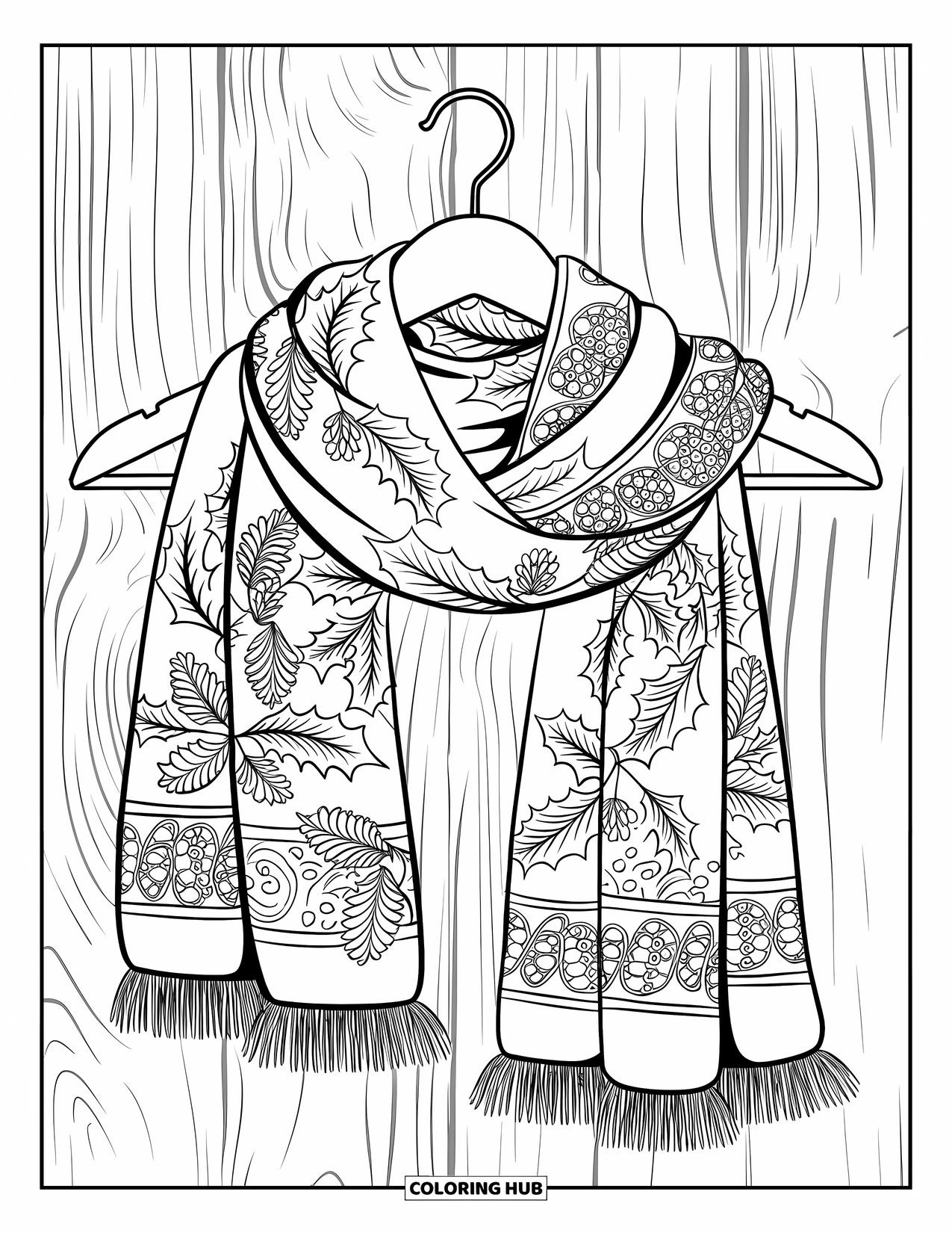Winter Coloring Page for Adults: A detailed winter scarf with holly leaves and pinecones, draped over a wooden hanger against a wooden wall