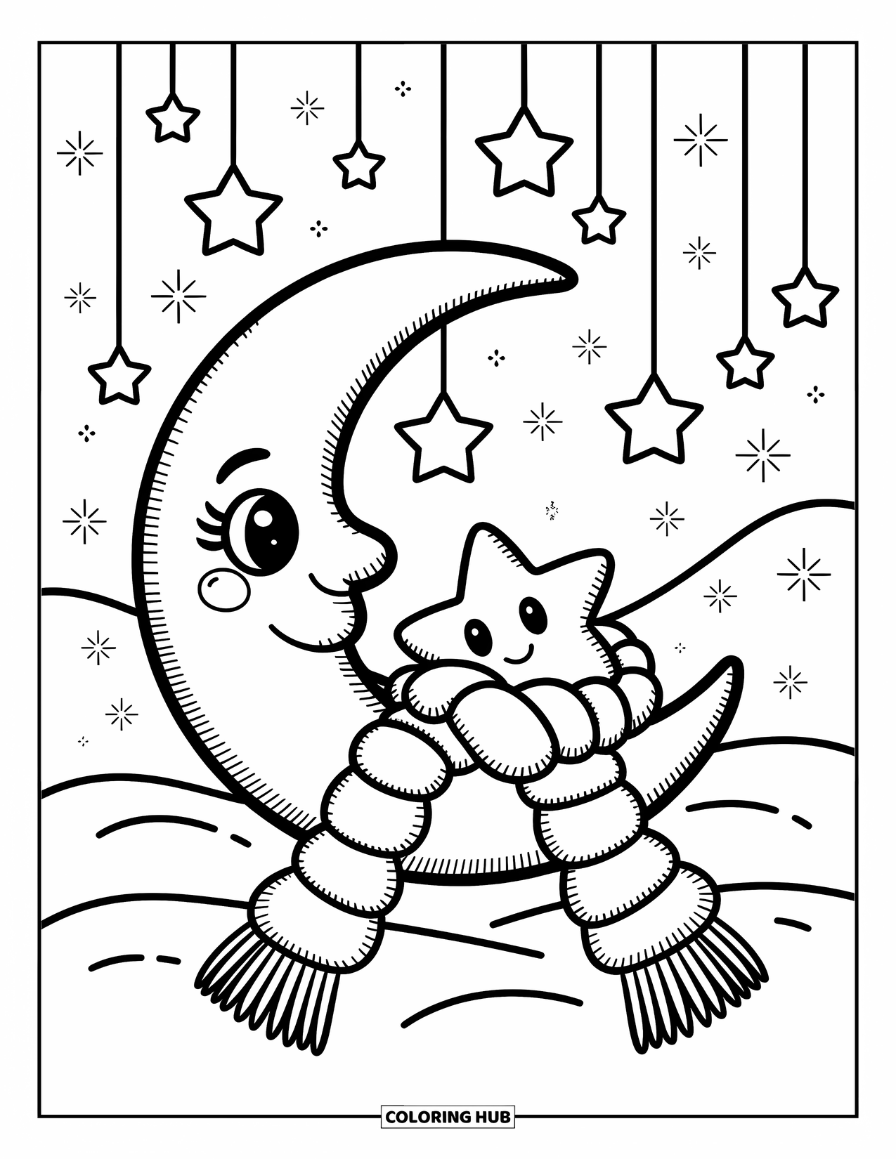 Winter Coloring Page for Adults: A dreamy winter moon wrapped in a fluffy scarf, cradling a tiny chibi star with floating sparkles