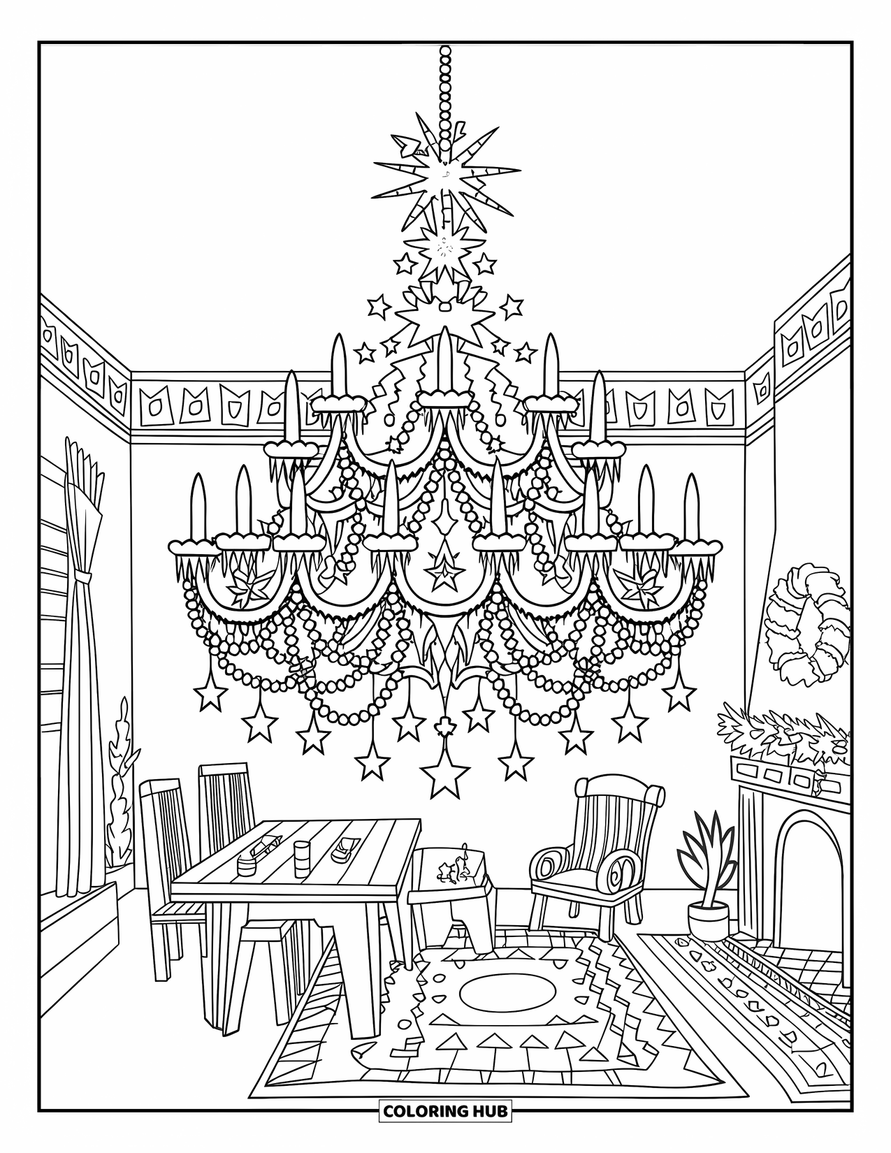 Winter Coloring Page for Adults: A festive chandelier with stars and icicles, lighting up a cozy winter room with a fireplace