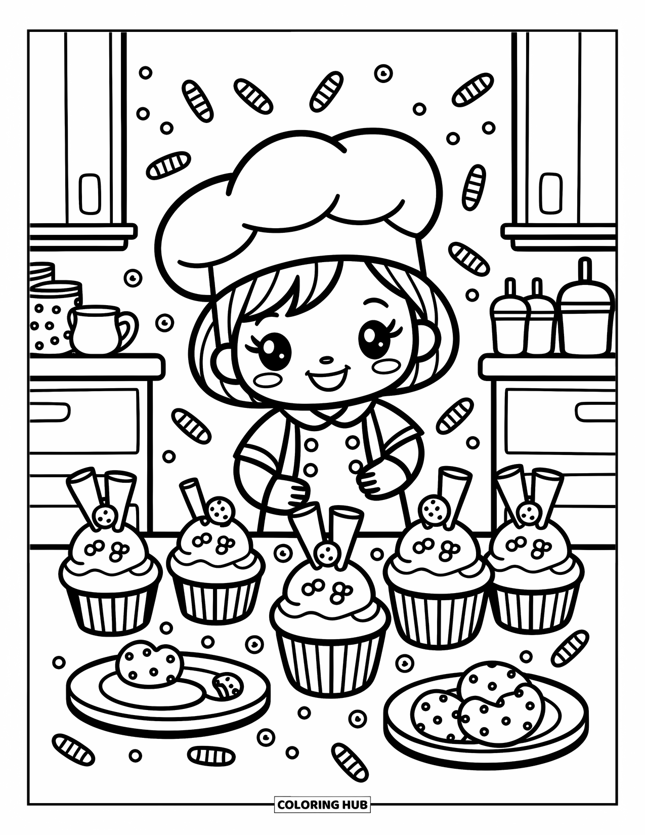 Winter Coloring Page for Adults: A festive chibi chef decorates cupcakes with icing, surrounded by playful sprinkles and candies