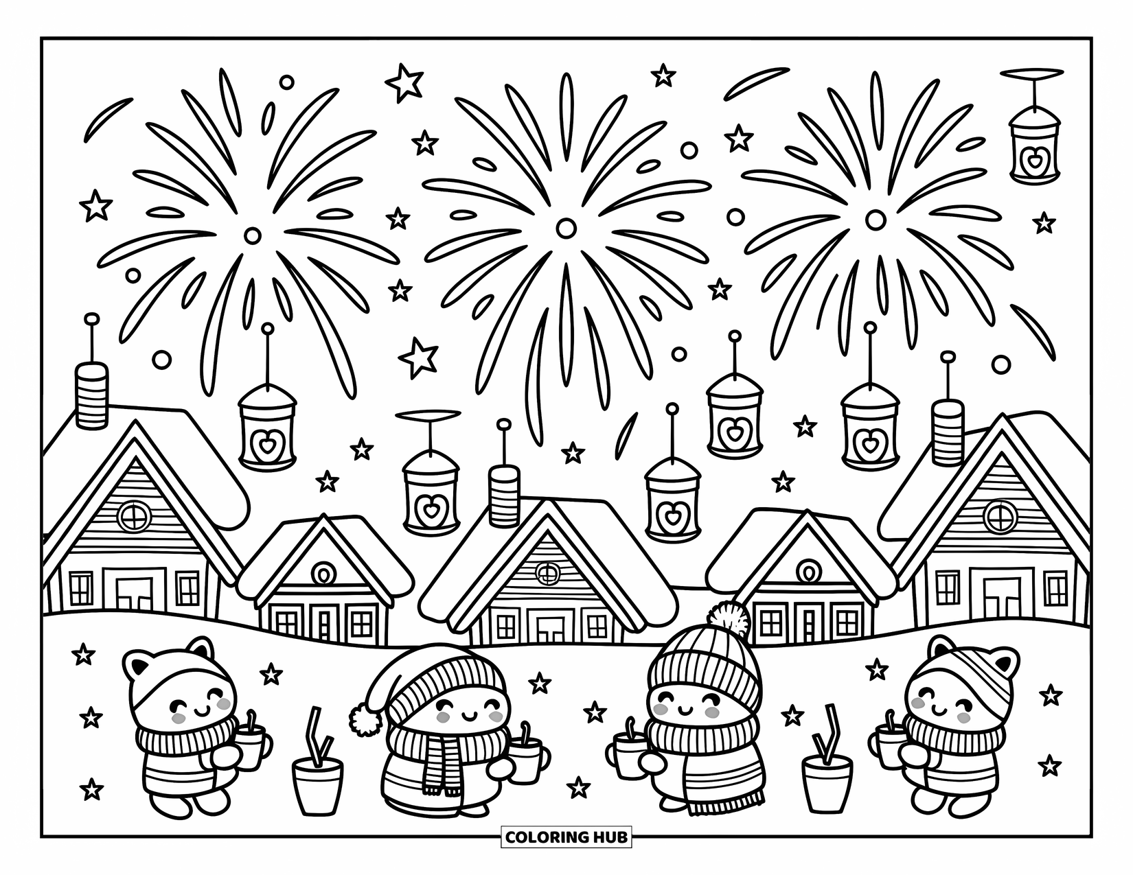 Winter Coloring Page for Adults: A festive chibi-style fireworks display lights up the sky as tiny creatures sip hot drinks