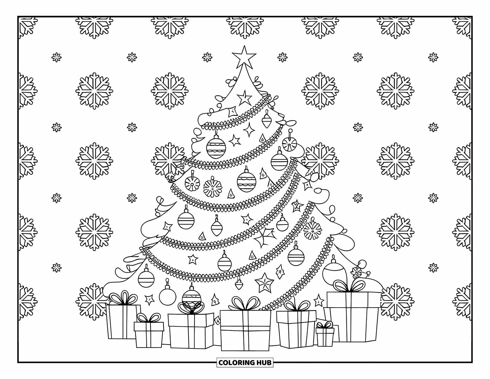 Winter Coloring Page for Adults: A festive Christmas tree adorned with ornaments and garlands, surrounded by presents and snowflake patterns