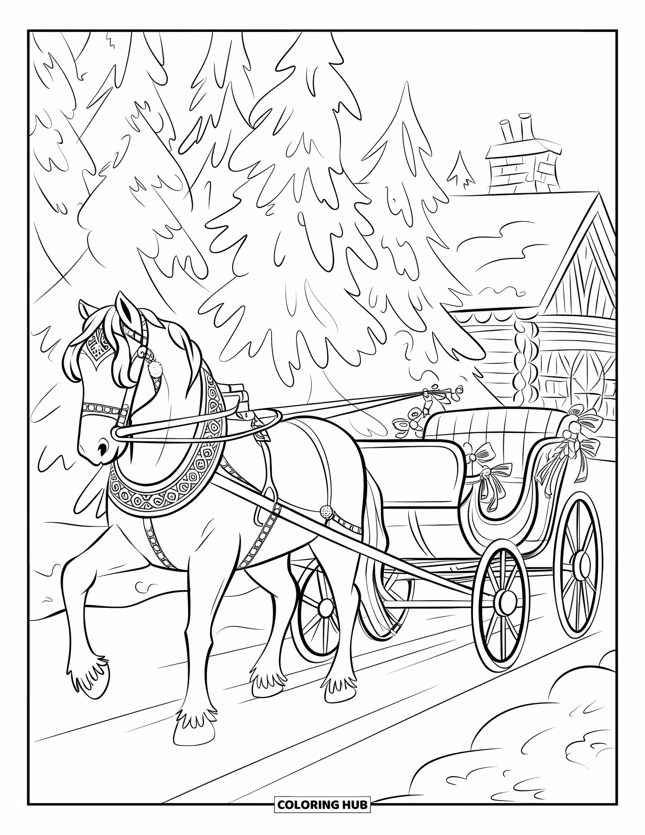 Winter Coloring Page for Adults: A festive horse-drawn sleigh with a decorated harness traveling through a snowy forest near a cozy cabin