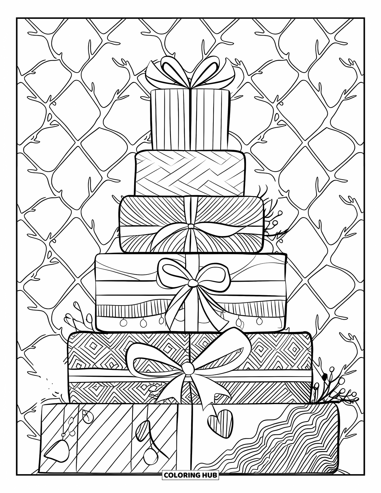 Winter Coloring Page for Adults: A festive stack of wrapped gifts with detailed ribbons and embellishments surrounded by intertwined branches