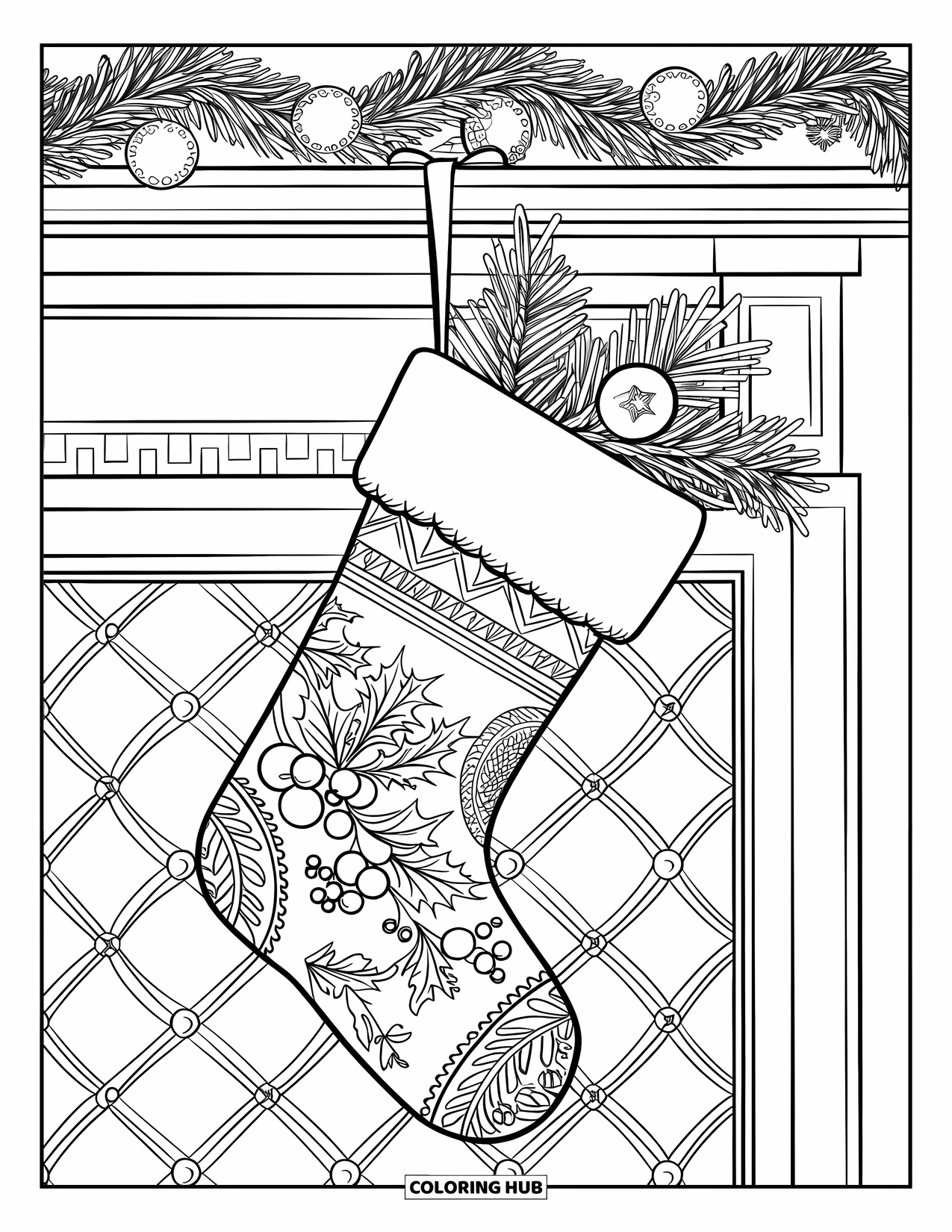 Winter Coloring Page for Adults: A festive stocking filled with seasonal ornaments, hanging from a mantle decorated with interwoven patterns