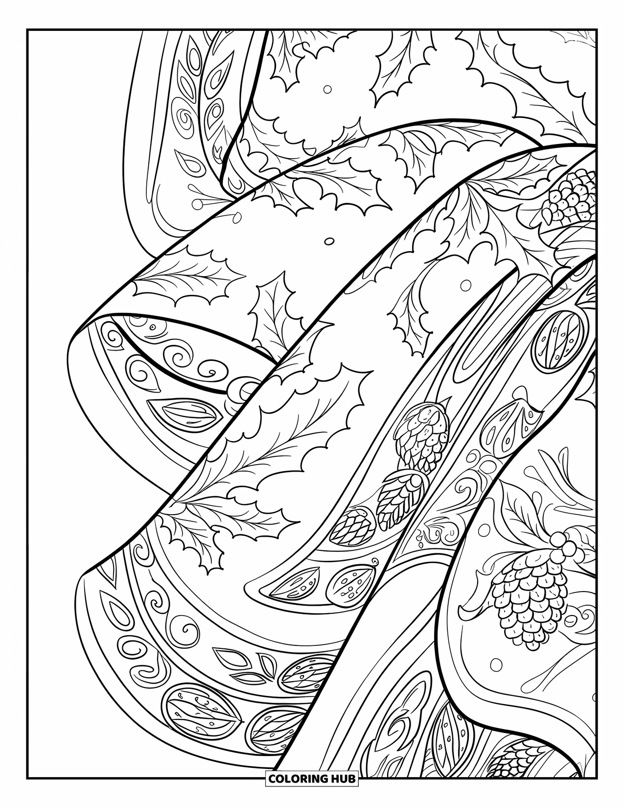 Winter Coloring Page for Adults: A festive winter scarf with detailed patterns of holly leaves, pinecones, and decorative swirls