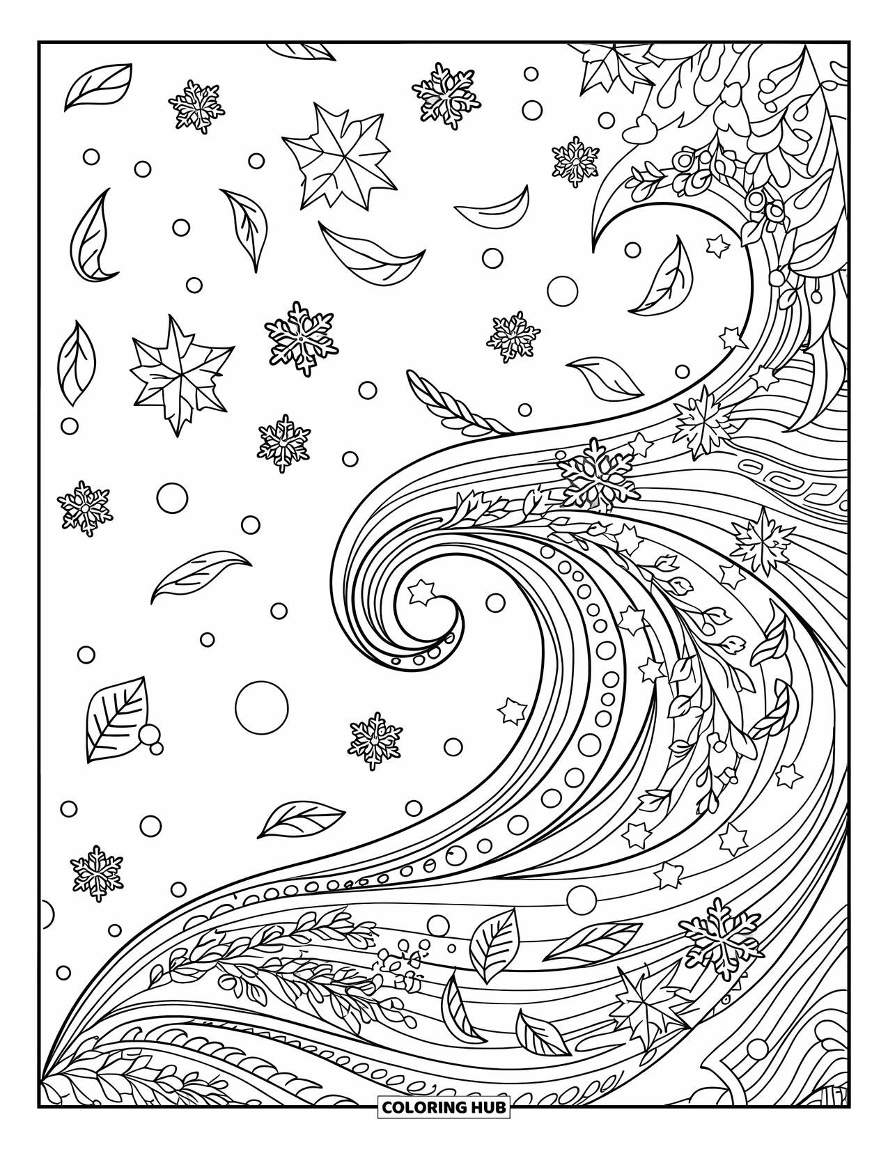 Winter Coloring Page for Adults: A flowing winter wind design with delicate snowflakes, leaves, and swirling patterns