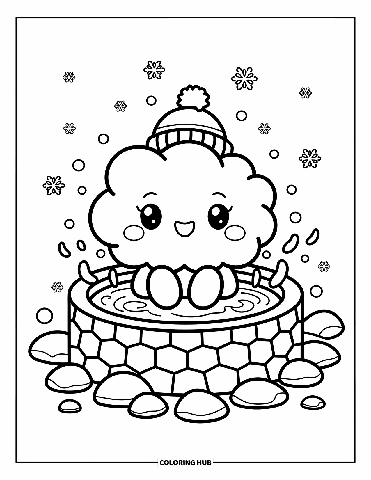 Winter Coloring Page for Adults: A fluffy cloud character sits in a steaming hot spring, snowflakes gently falling around