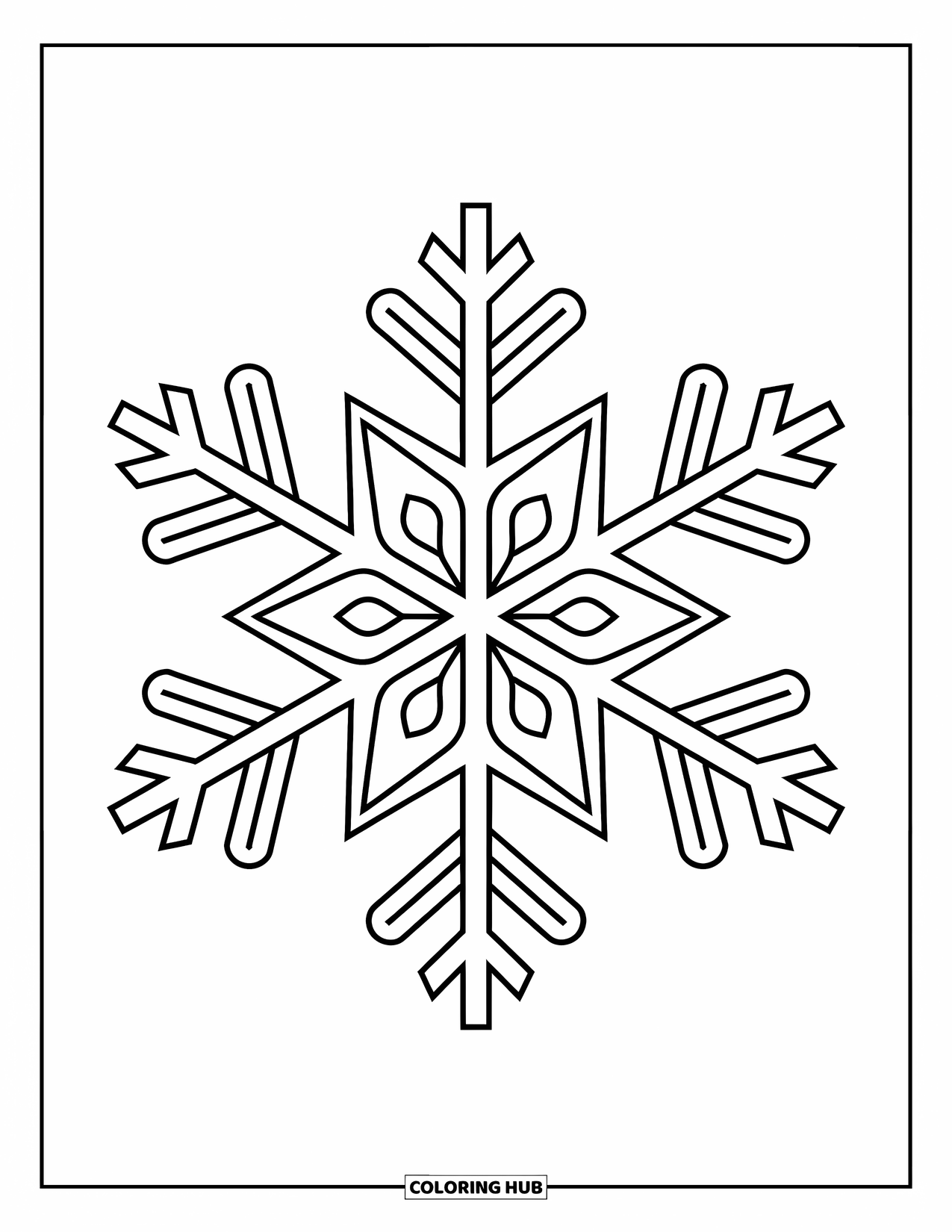 Winter Coloring Page for Adults: A geometric snowflake with delicate swirls and intricate frost-inspired details