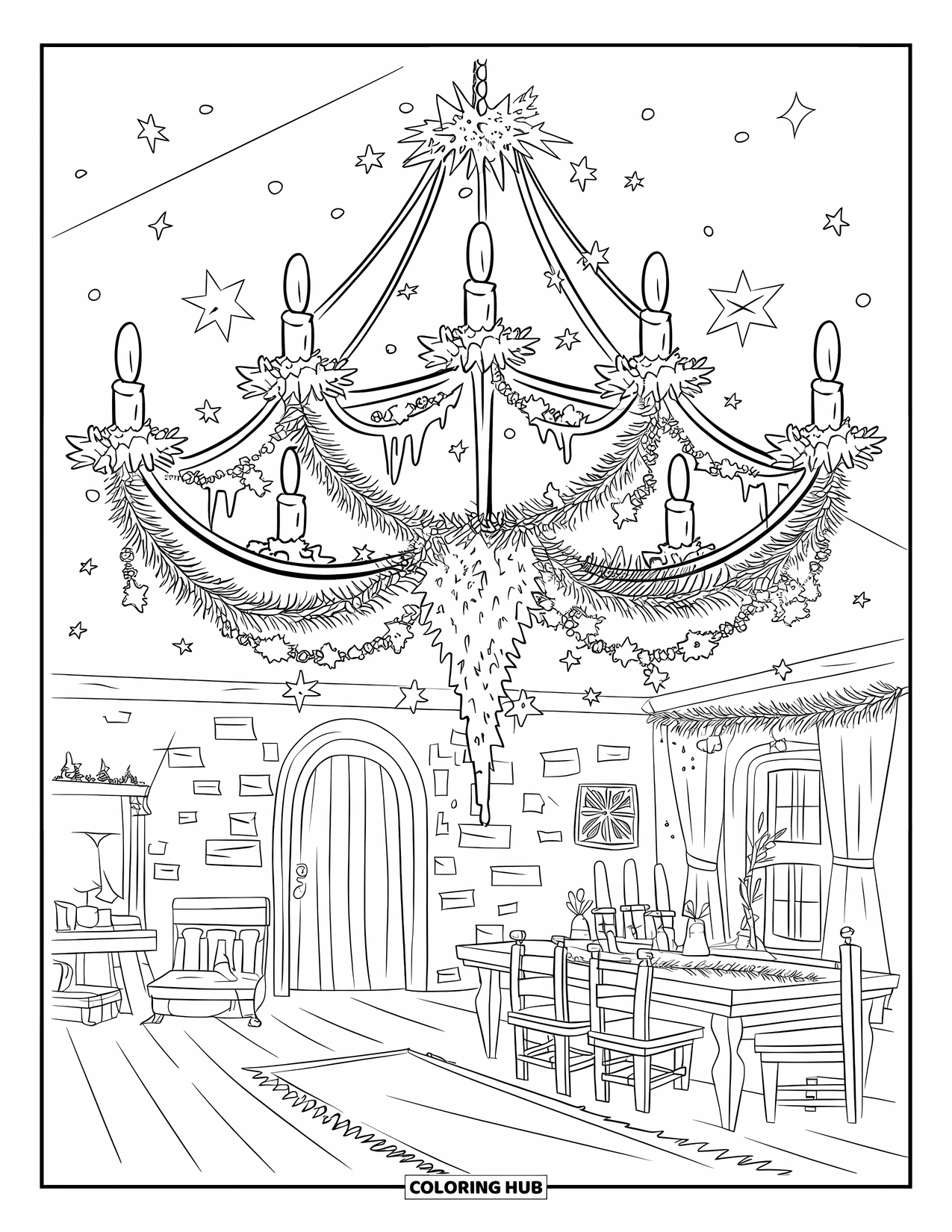 Winter Coloring Page for Adults: A grand holiday chandelier adorned with stars, icicles, and garlands, hanging over a cozy winter room