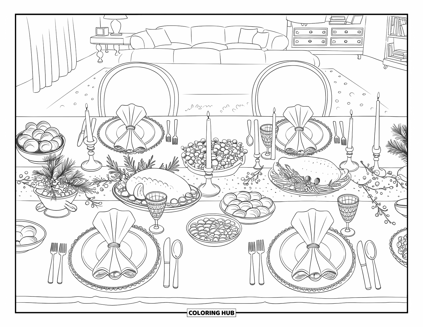 Winter Coloring Page for Adults: A grand holiday table set with seasonal dishes, fine place settings, and an inviting festive atmosphere