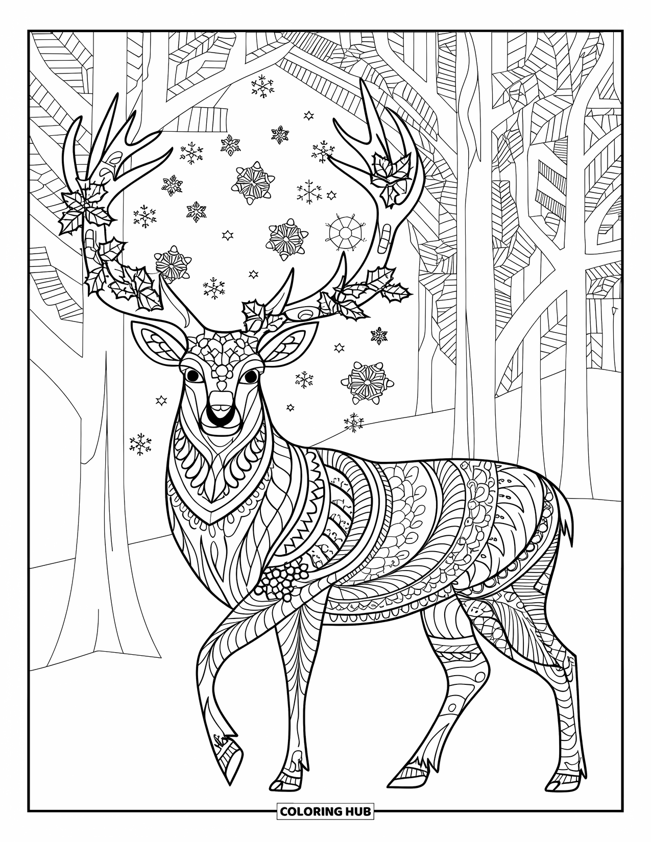 Winter Coloring Page for Adults: A grand stag standing in a snowy forest, its antlers decorated with holly leaves and pinecones