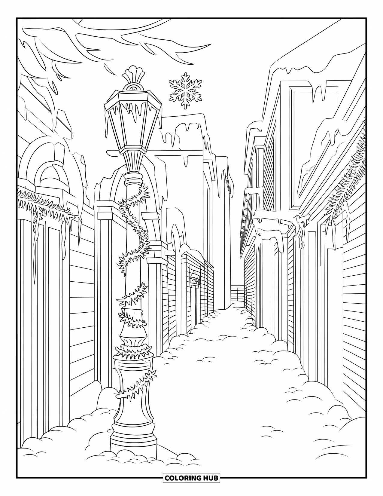 Winter Coloring Page for Adults: A grand Victorian-style lamppost with intricate details, surrounded by tall buildings and drifting snowflakes