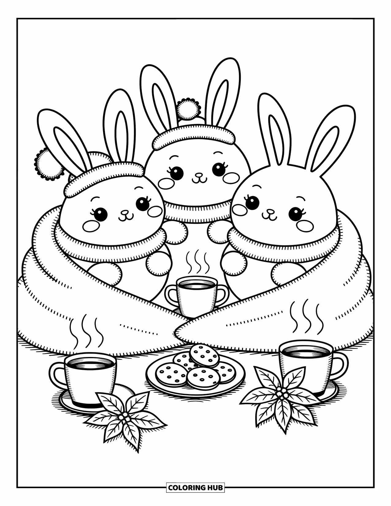 Winter Coloring Page for Adults: A hand-drawn wreath with a chibi owl, delicate winter elements, and playful swirling details