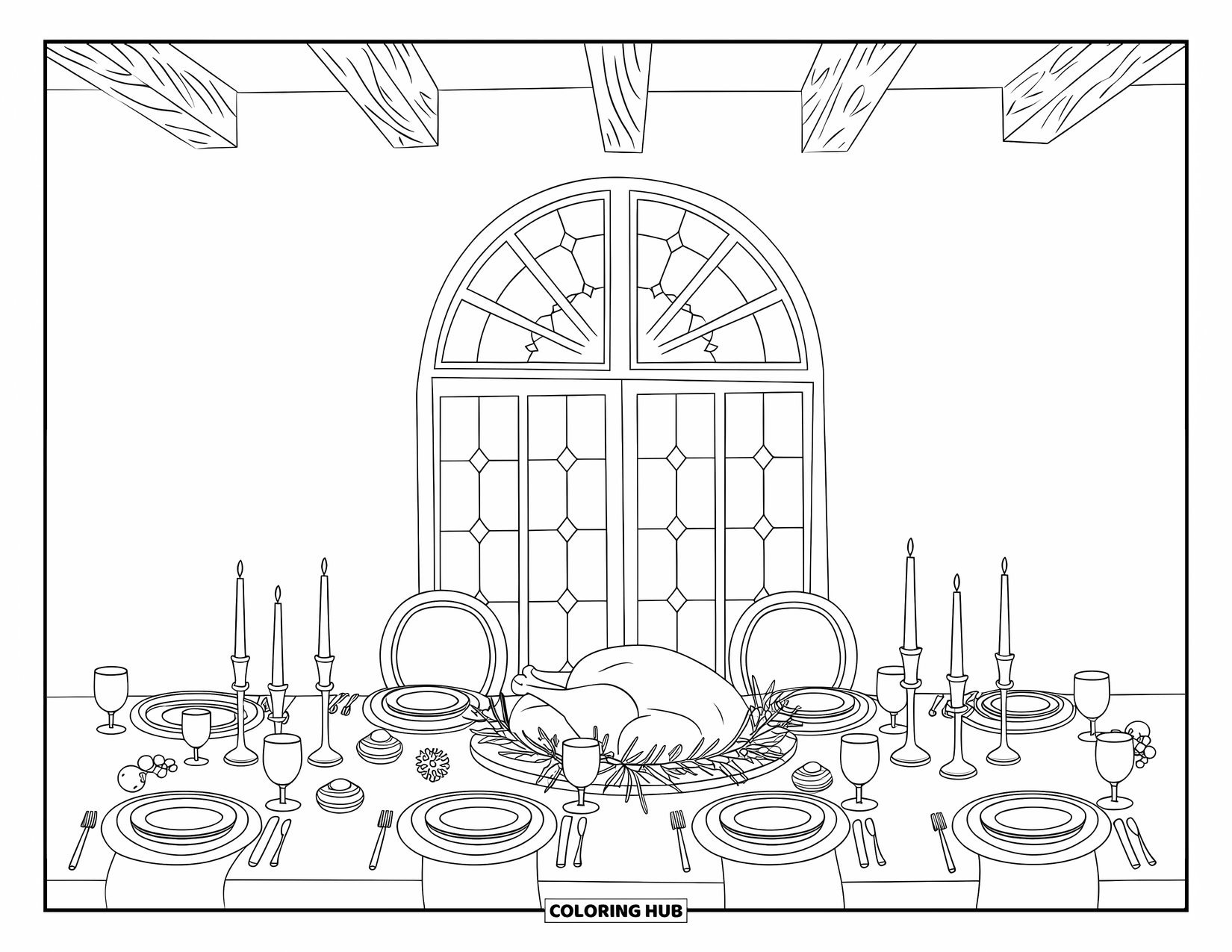 Winter Coloring Page for Adults: A holiday feast table with a roasted turkey, candles, and evergreen decorations in a rustic room
