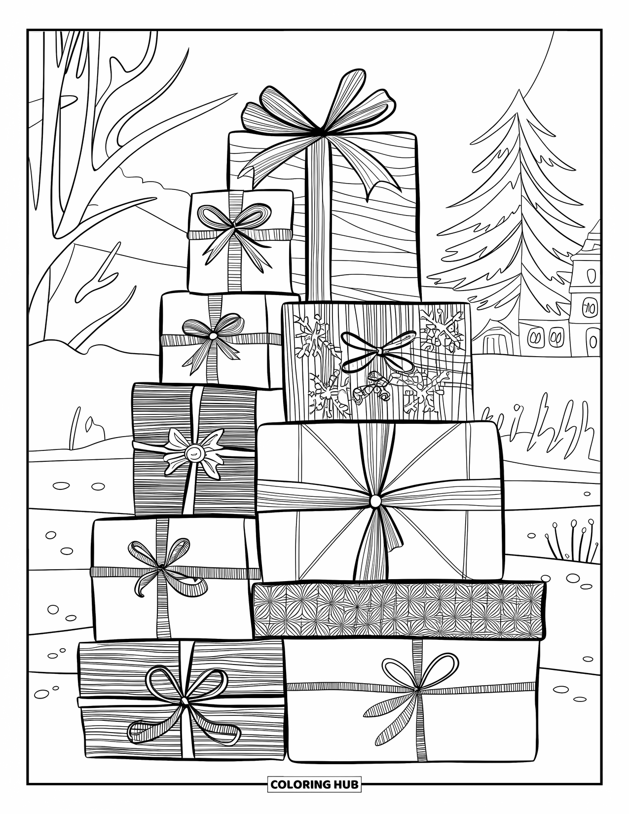 Winter Coloring Page for Adults: A holiday gift tower with intricately wrapped boxes set against a snowy landscape with trees and a cabin
