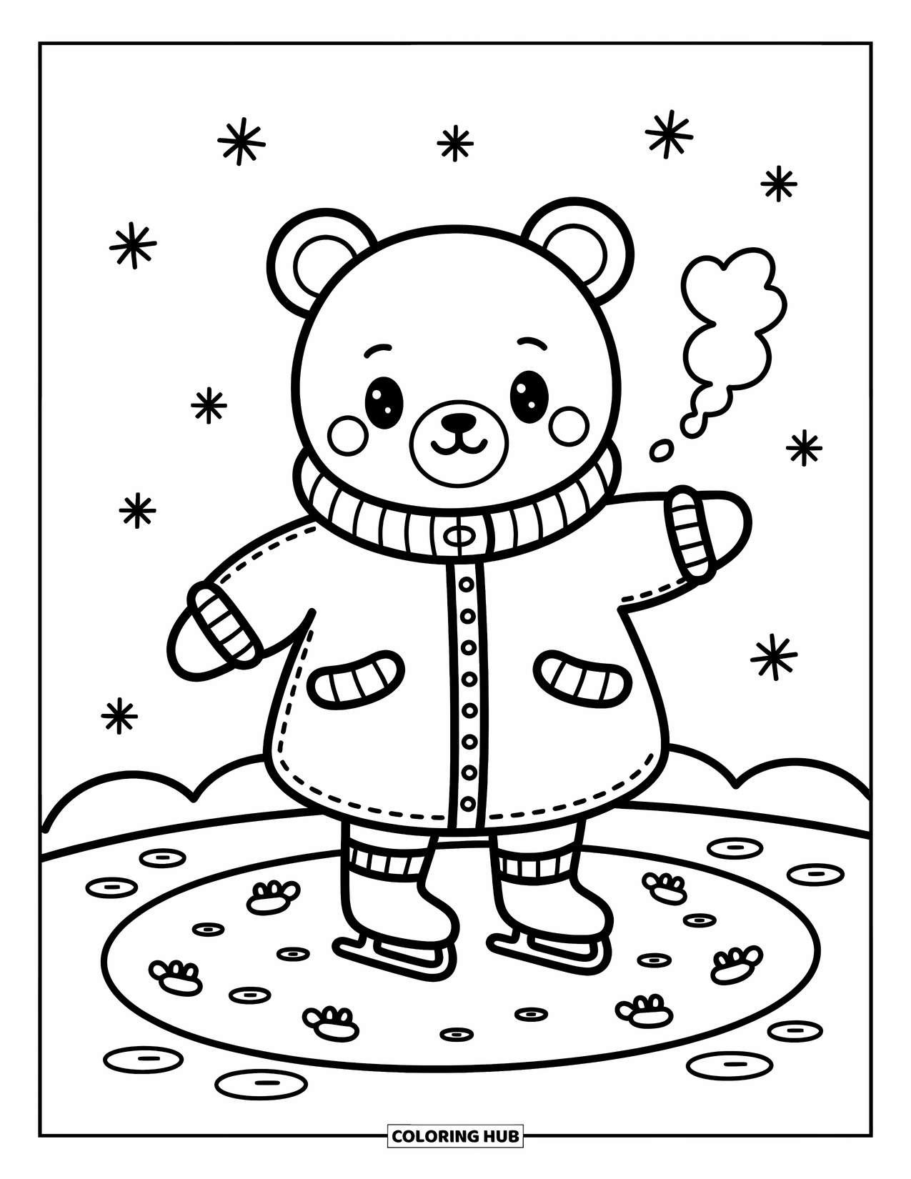 Winter Coloring Page for Adults: A kawaii-style bear wrapped in a big coat, trying to balance on ice while tiny snowflakes drift in the background