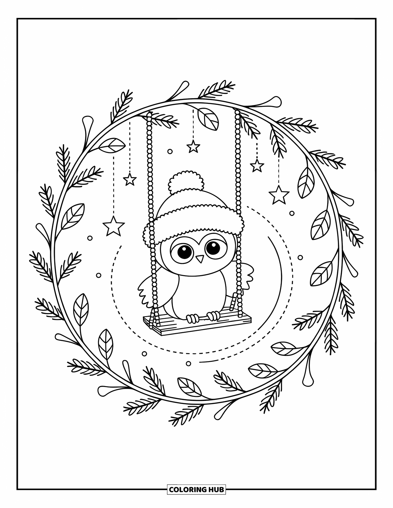 Winter Coloring Page for Adults: A kawaii-style cupcake house with swirly frosting, candy decorations, and tiny chibi doors