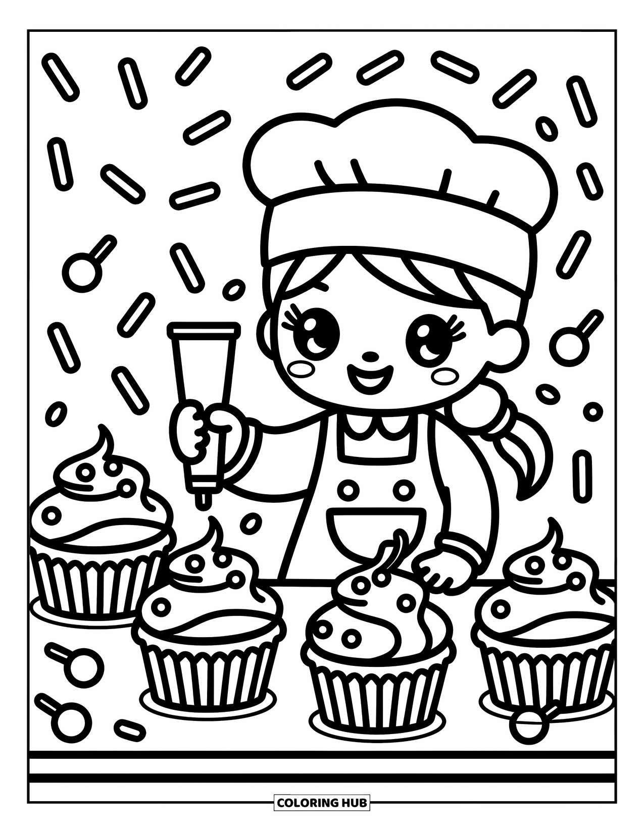 Winter Coloring Page for Adults: A kawaii-style holiday cookie station where a chibi chef joyfully ices cupcakes with floating sprinkles