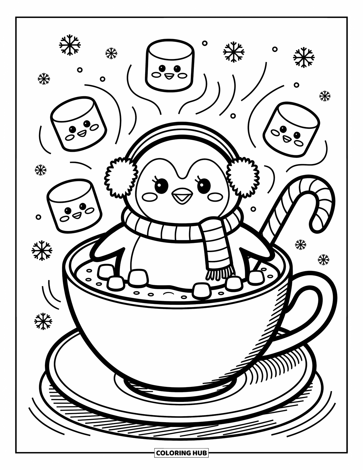 Winter Coloring Page for Adults: A kawaii-style penguin in a giant cup of cocoa, enjoying the warmth while snowflakes gently fall in the background