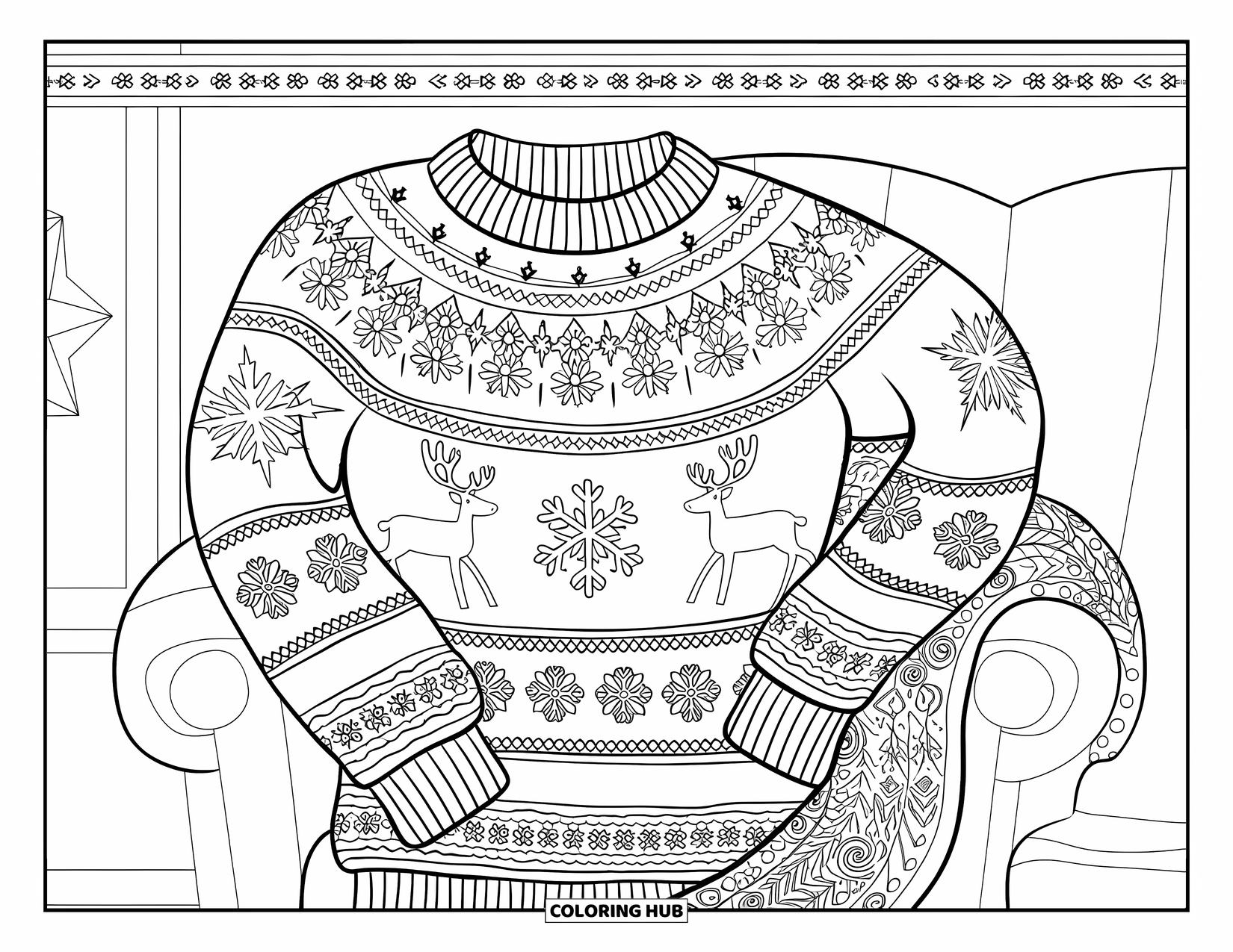 Winter Coloring Page for Adults: A patterned winter sweater with snowflakes and reindeer, draped over a chair in a cozy room