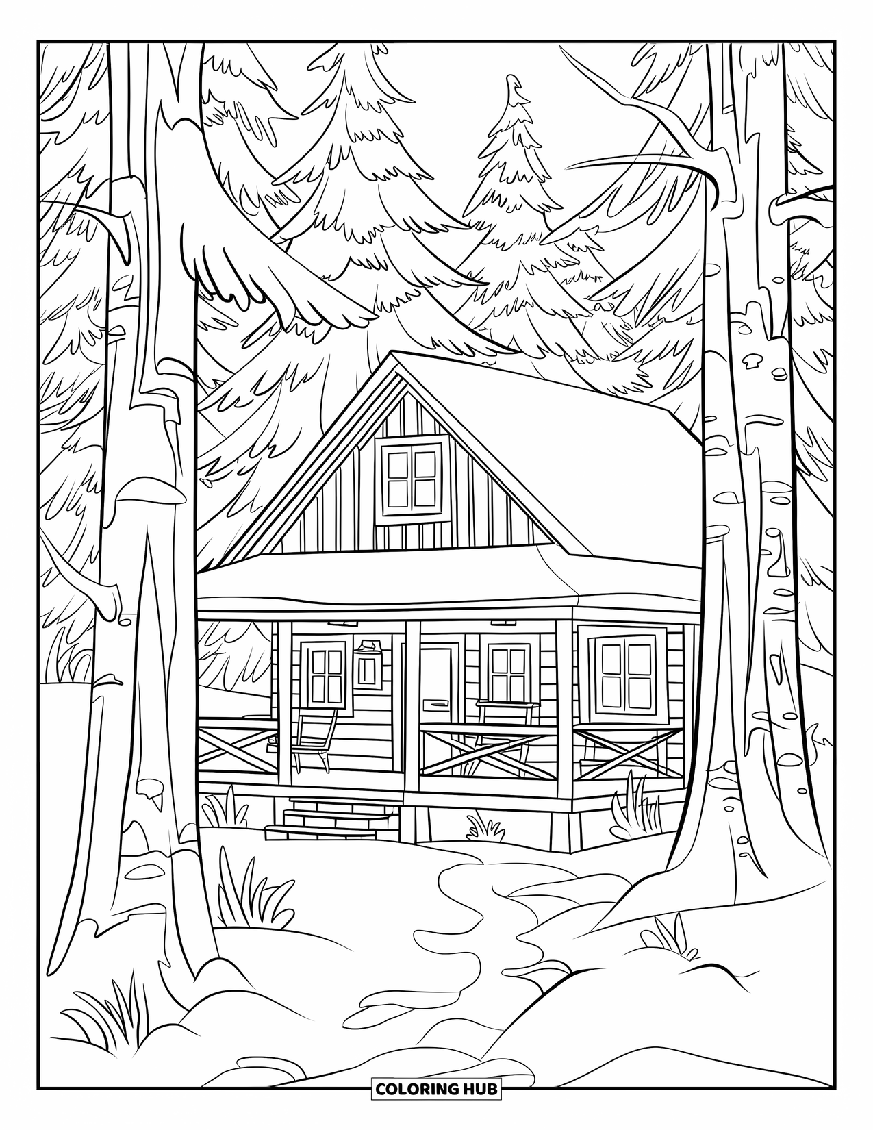 Winter Coloring Page for Adults: A peaceful cabin in the woods, with a wooden porch, cozy chairs, and snow-covered trees all around