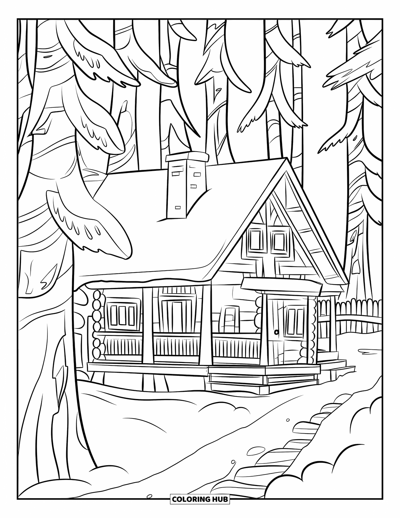 Winter Coloring Page for Adults: A rustic wooden cabin with a chimney, porch, and snow-covered trees deep in the winter forest