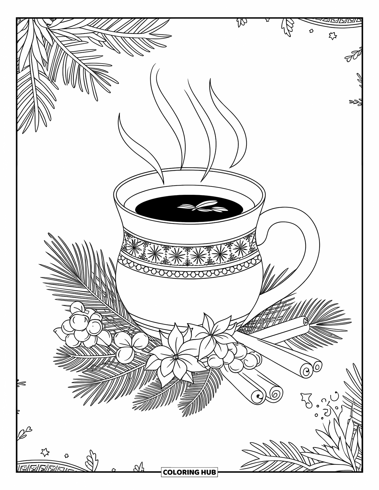 Winter Coloring Page for Adults: A steaming cup of spiced tea in a detailed ceramic mug, surrounded by pine sprigs and cinnamon sticks