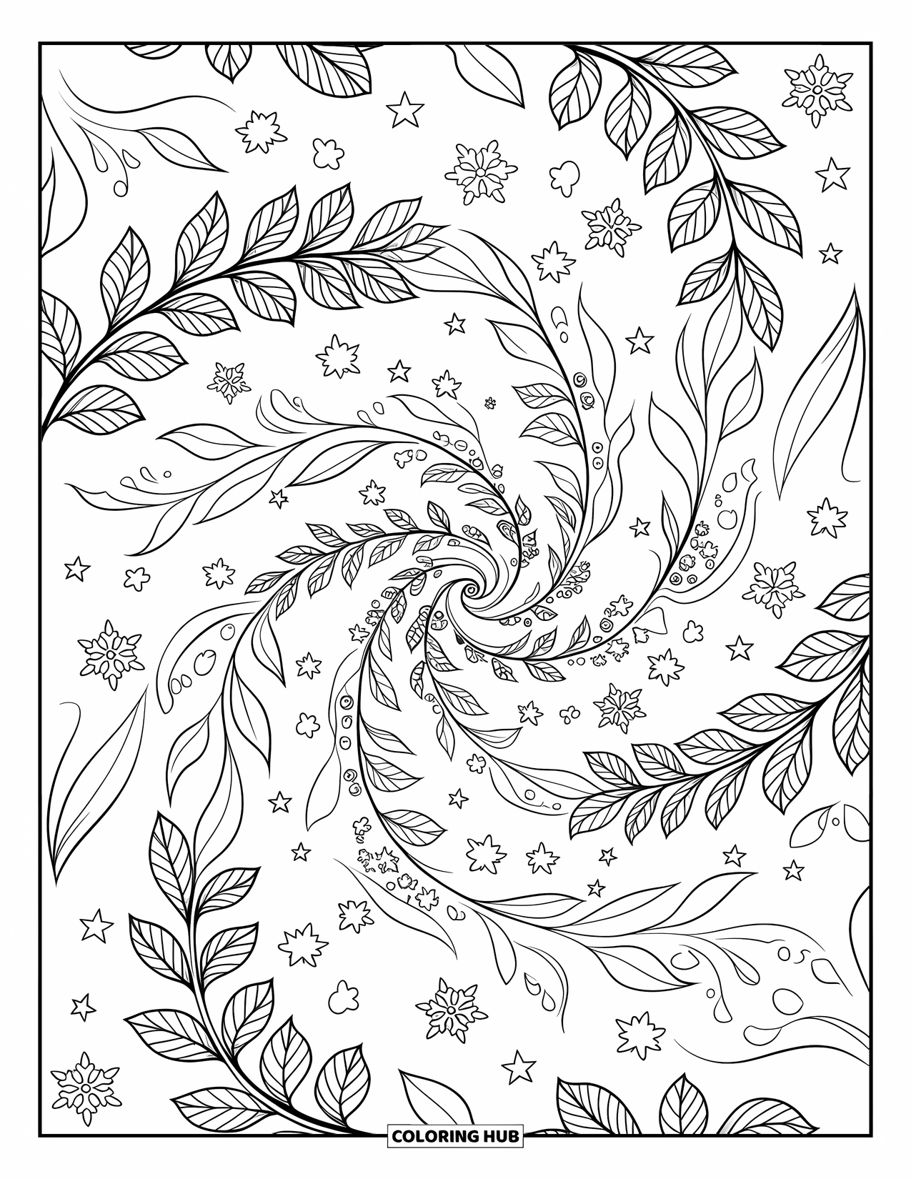 Winter Coloring Page for Adults: A swirling winter wind design filled with falling leaves, berries, and delicate snowflakes