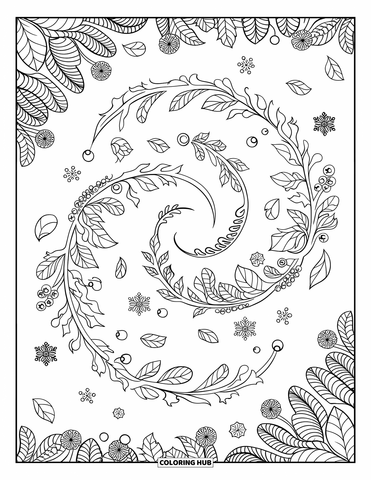 Winter Coloring Page for Adults: A swirling winter wind pattern filled with falling leaves, berries, and delicate snowflakes