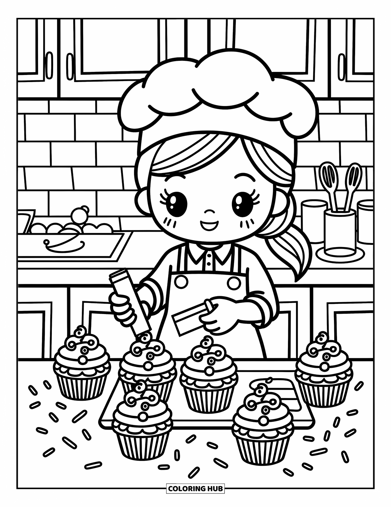 Winter Coloring Page for Adults: A tiny chibi chef in a festive apron carefully ices cupcakes, as sprinkles float around the scene