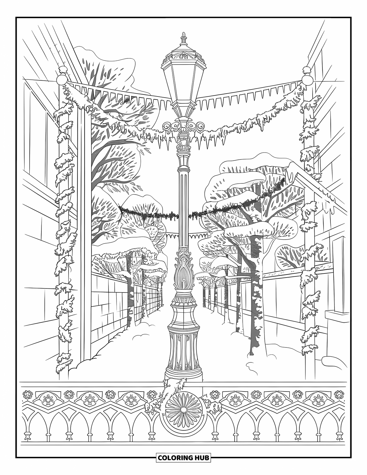 Winter Coloring Page for Adults: A Victorian-style lamppost with ornate details, standing in a snowy alley decorated with garlands and icicles