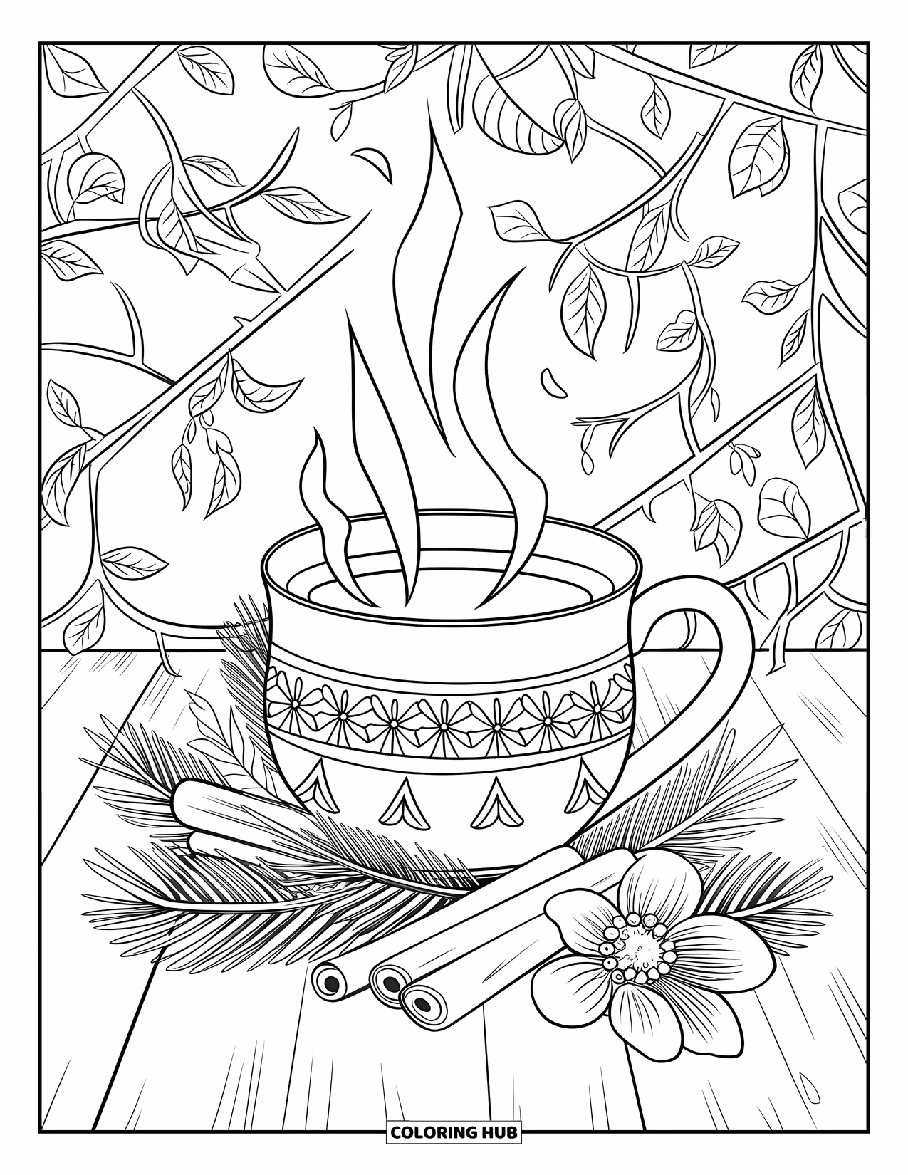 Winter Coloring Page for Adults: A warm cup of spiced tea in a decorated mug, resting on a wooden surface with winter accents