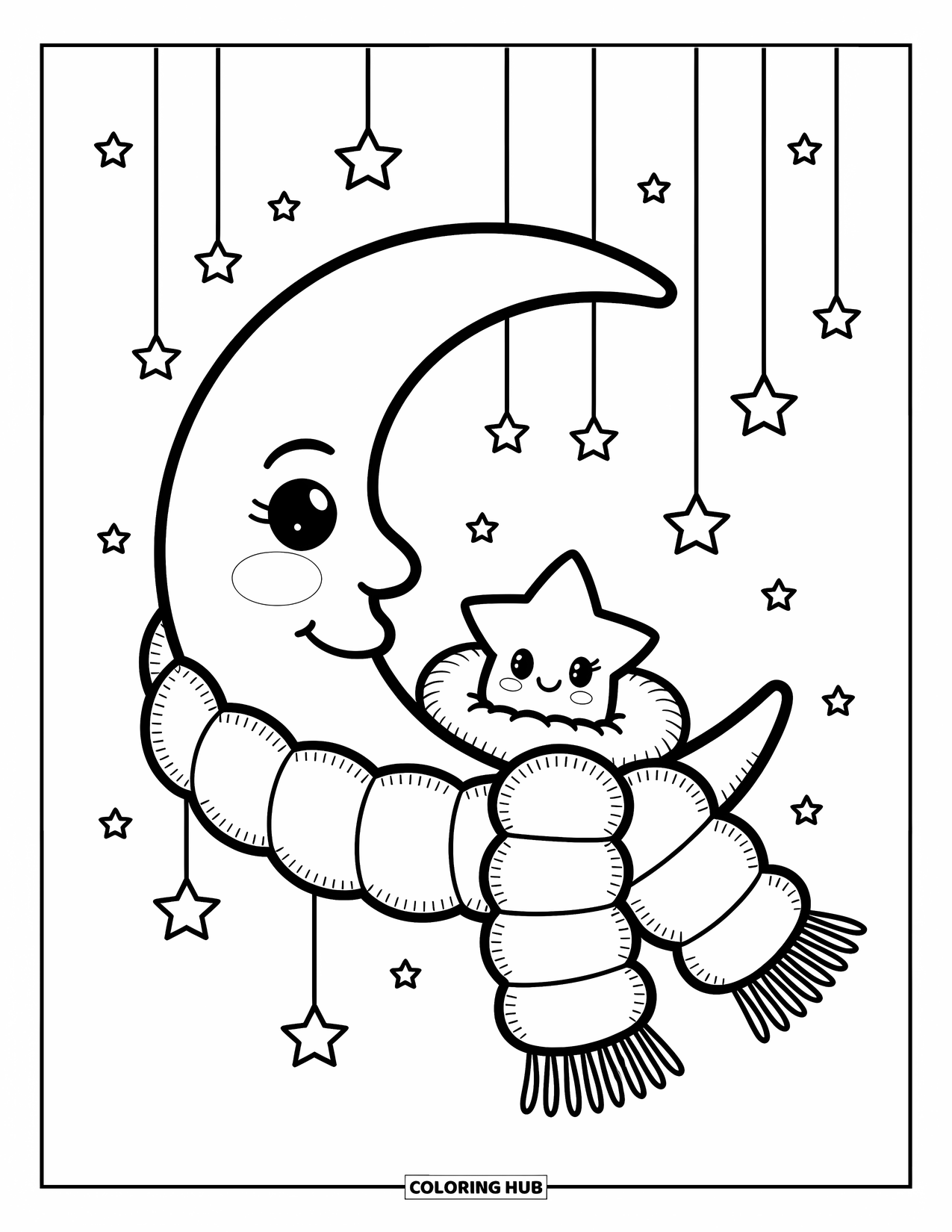 Winter Coloring Page for Adults: A whimsical cloud-like pillow fort with a steaming cup of tea, a book, and twinkling lights