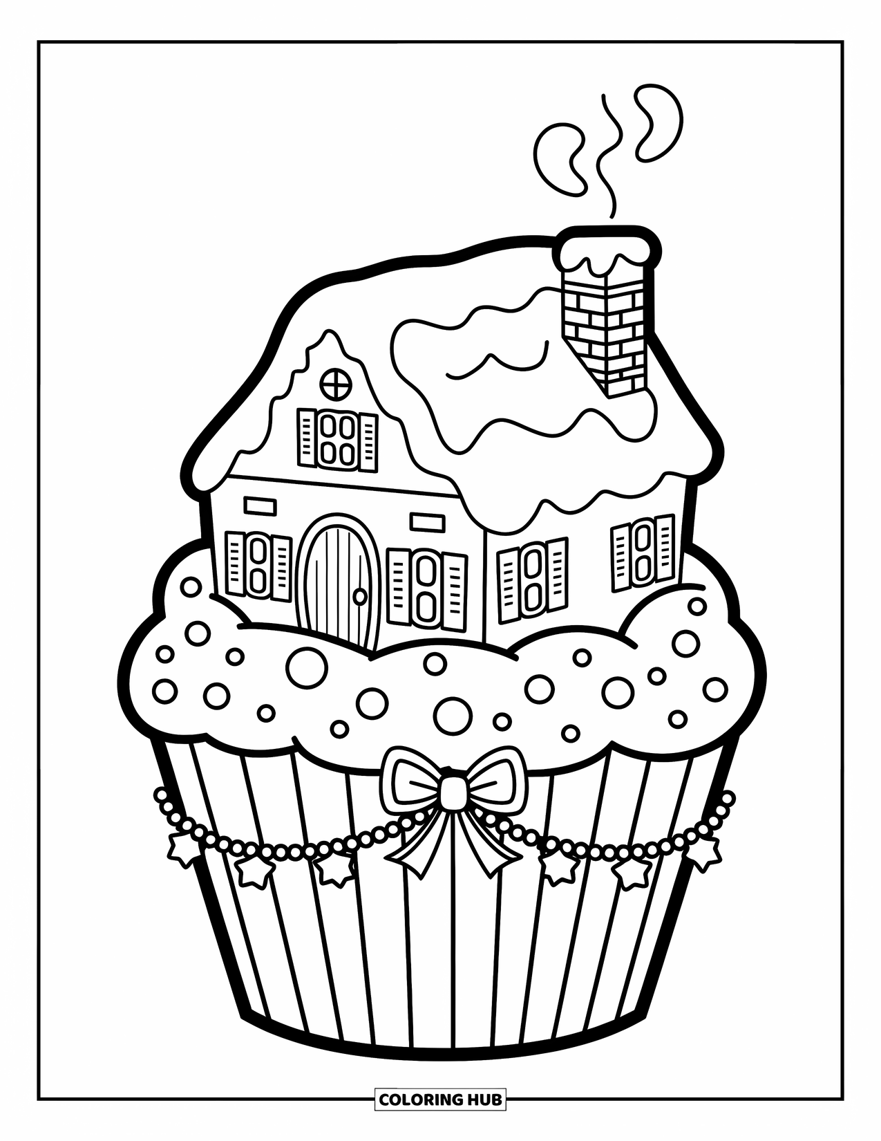 Winter Coloring Page for Adults: A whimsical winter cottage made from a cupcake, complete with icing snow and chibi windows