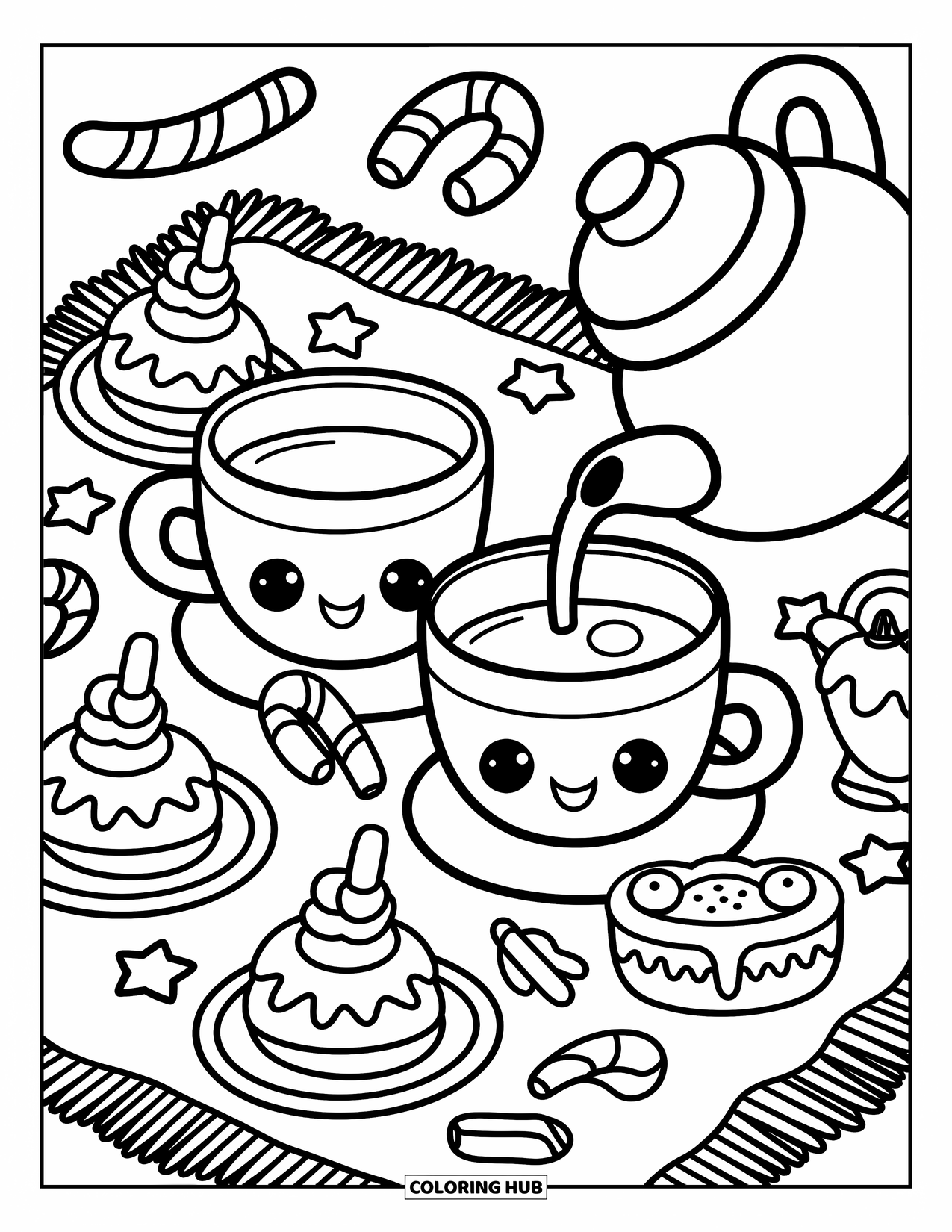 Winter Coloring Page for Adults: A whimsical winter picnic with chibi-style treats, a cozy blanket, and gently falling snowflakes
