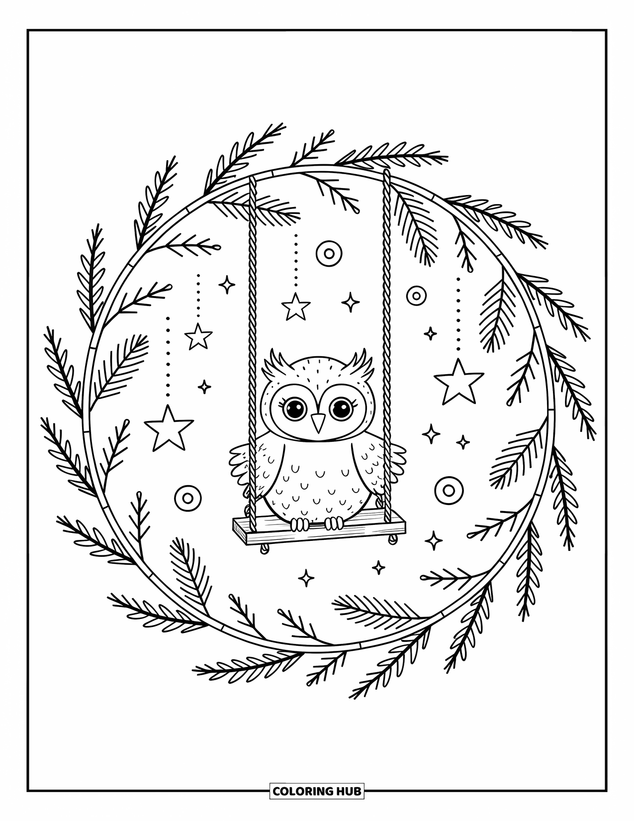 Winter Coloring Page for Adults: A whimsical wreath with a tiny owl in a fluffy hat, swaying among pinecones, holly, and stars