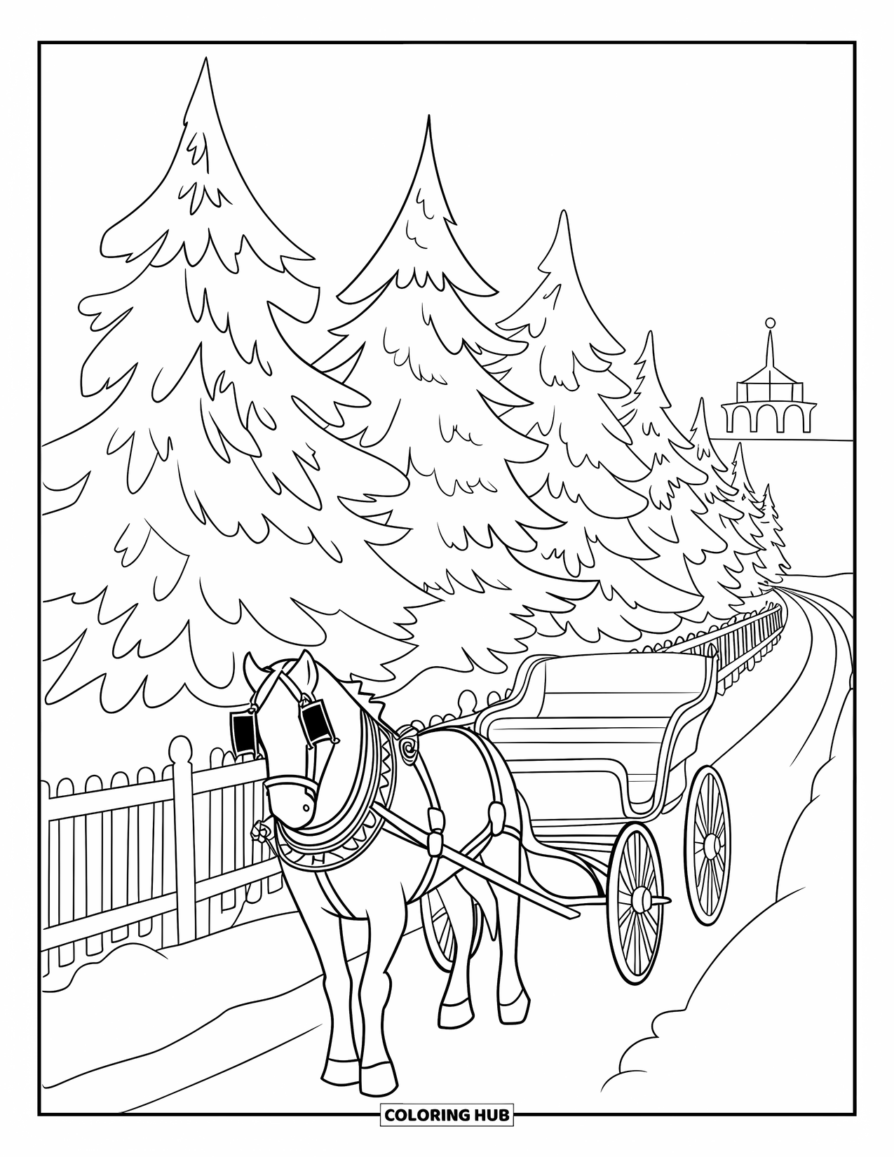 Winter Coloring Page for Adults: A winter sleigh ride scene with a horse-drawn carriage passing snow-covered trees and a distant tower