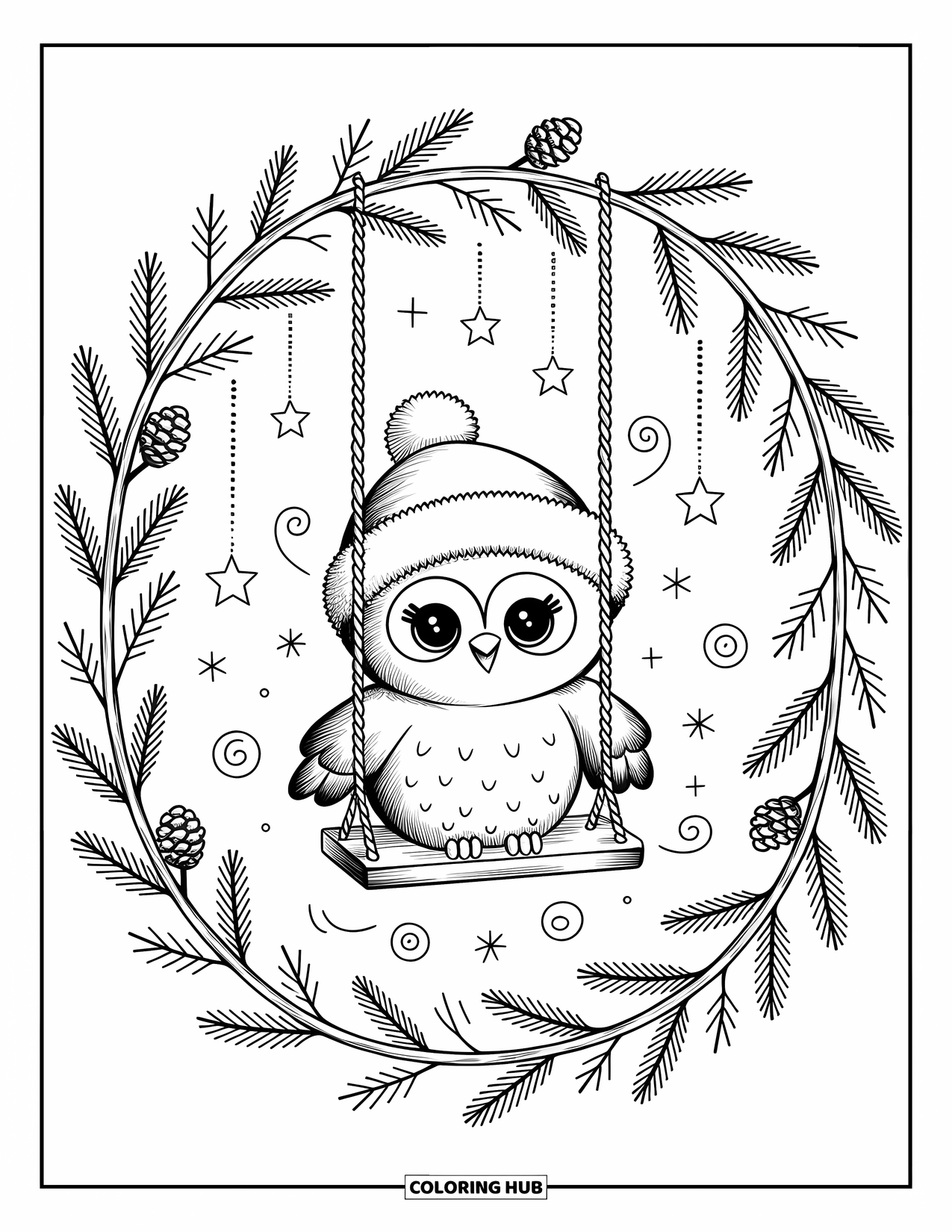 Winter Coloring Page for Adults: A winter wreath with twigs, holly, pinecones, and a chibi owl gently swaying on a tiny swing