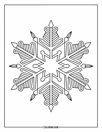 Fargeleggingsark med vinter for voksne: Et kunstnerisk snøfnugg med brede armer, med detaljerte geometriske mønstre og virvlende frostdetaljer