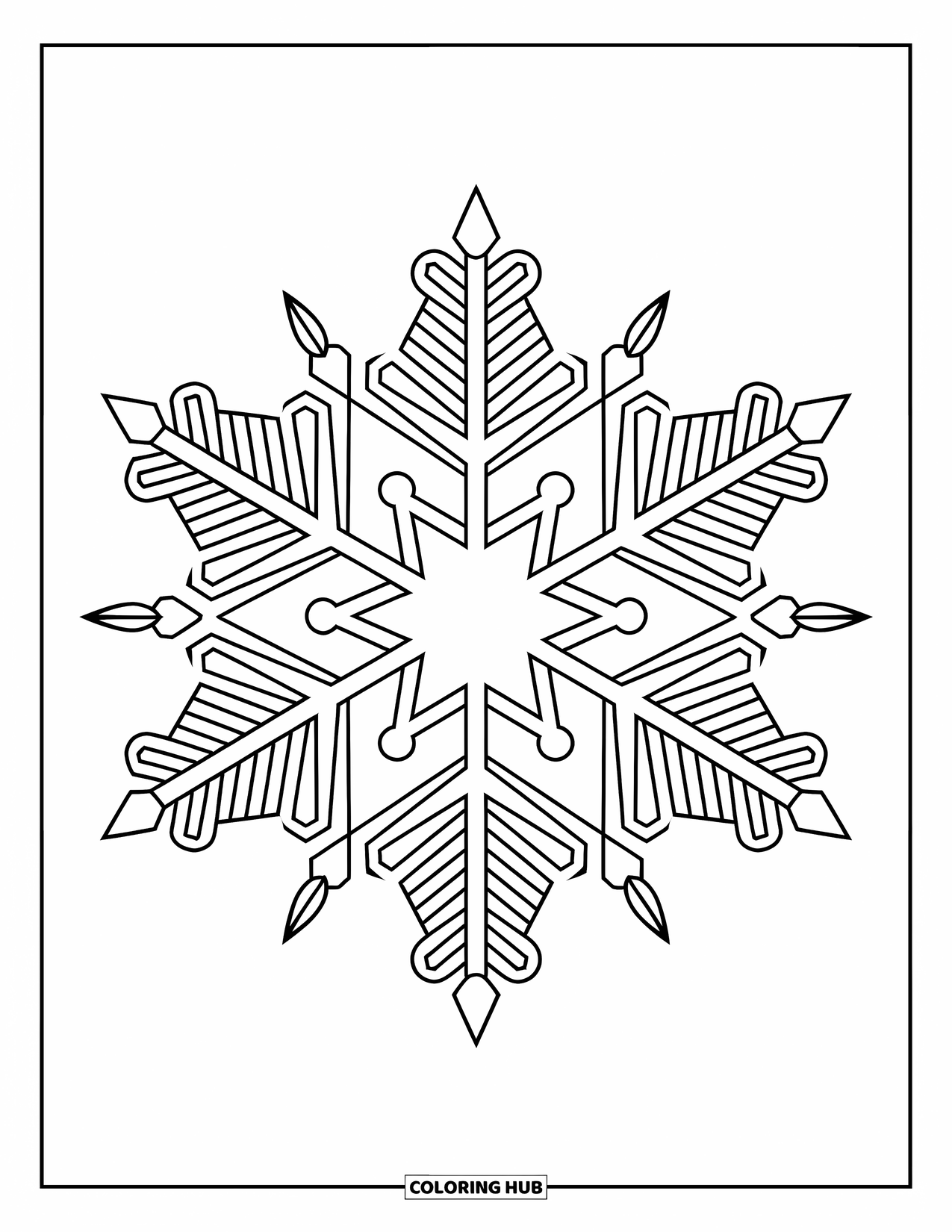 Winter Coloring Page for Adults: An artistic snowflake with wide-spread arms, featuring detailed geometric and swirling frost patterns