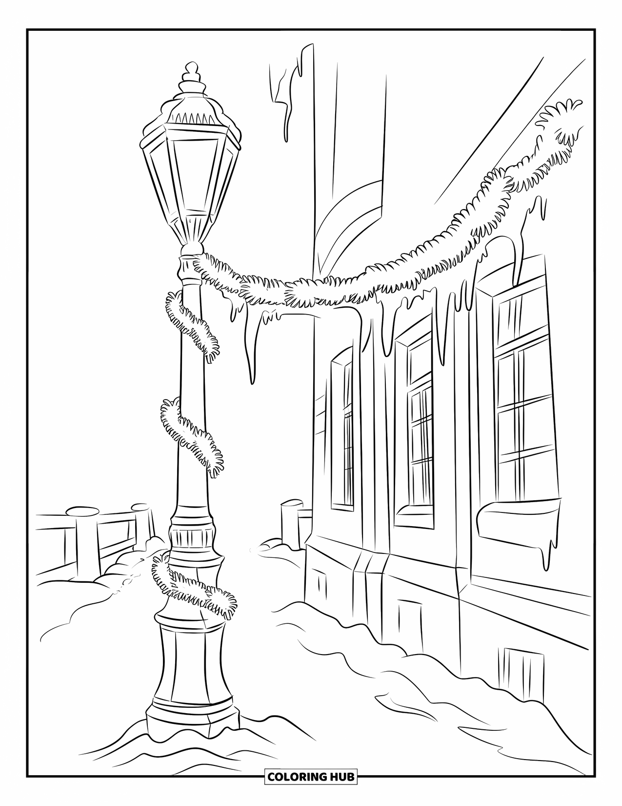 Winter Coloring Page for Adults: An elegant Victorian lamppost in a quiet winter alley, adorned with festive garlands and icicles