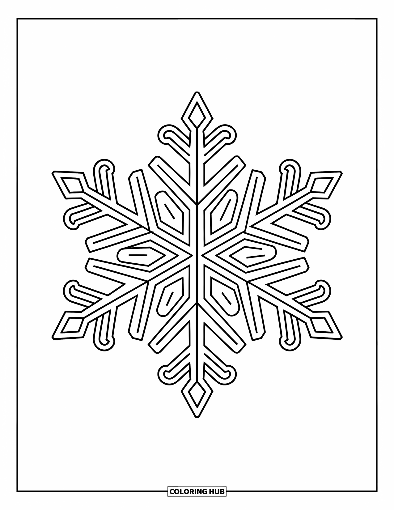 Winter Coloring Page for Adults: An intricately designed snowflake with geometric patterns and frost-inspired swirling accents